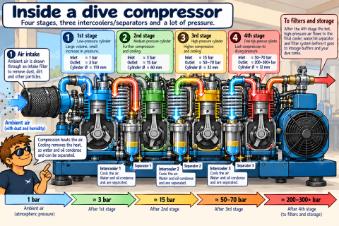 Dentro de un compresor de buceo