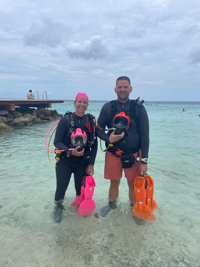 Margriet and Sebastiaan in the water